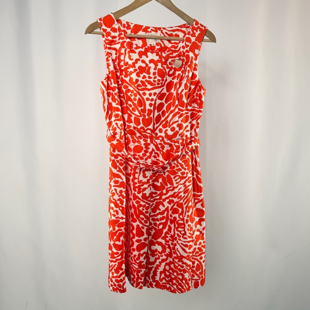 Milly Sleeveless Silk Patterned Bow Sheath Dress in‎ Orange White Size 6